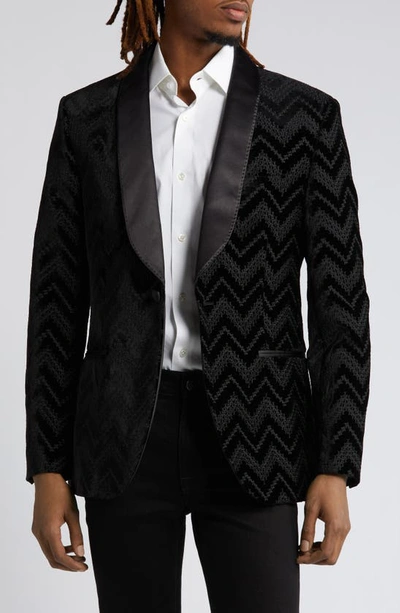 Topman Chevron Stretch Velvet Sport Coat In Black