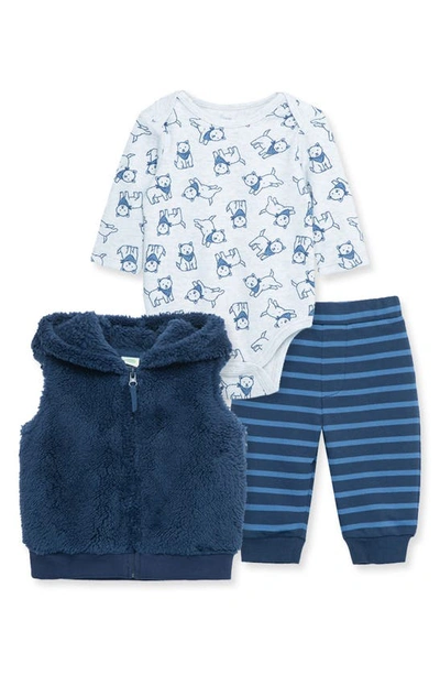 Little Me Babies' Puppy Print Cotton Bodysuit, Striped Joggers And Faux Fur Vest Set In Blue