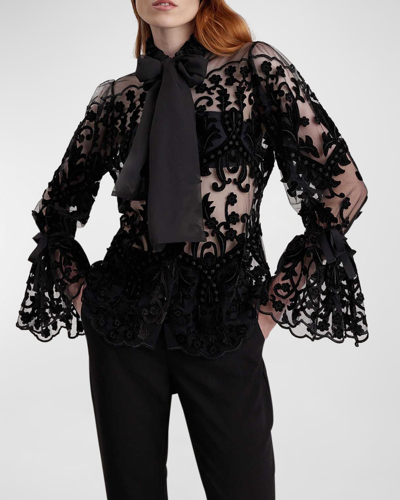 Anne Fontaine Arabesque Tie-neck Embroidered Velvet Blouse In Black