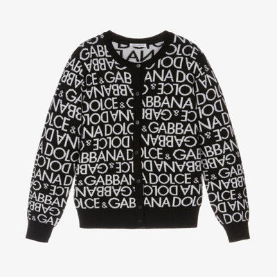 Dolce & Gabbana Kids' Jacquard-monogram Virgin Wool Cardigan In Black