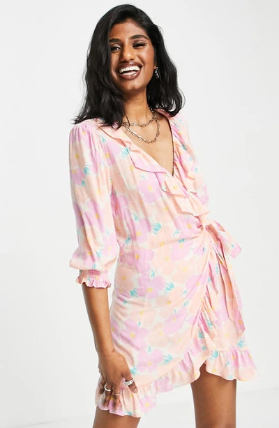 Topshop Washed Neon Floral Mini Wrap Dress-pink
