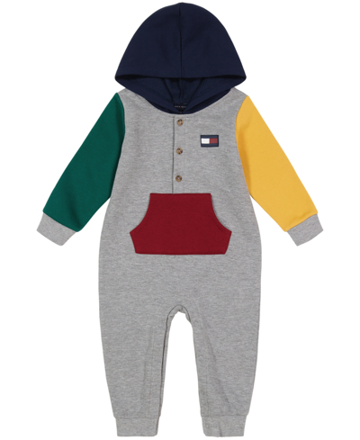Tommy Hilfiger Baby Boys 1 Piece Color Block Hooded Fleece Coverall In Gray