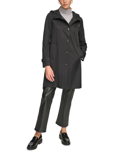 Calvin Klein Women's Single-breasted Hooded Button Up Raincoat In Black