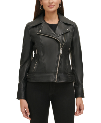 Guess Women's Petite Quilted-sleeve Leather Moto Coat, Regular & Petite, Created For Macy's In Black