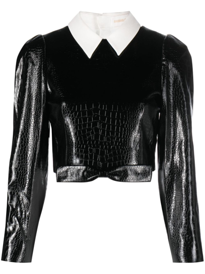 Shushu-tong Crocodile-embossed Faux-leather Cropped Top In Black