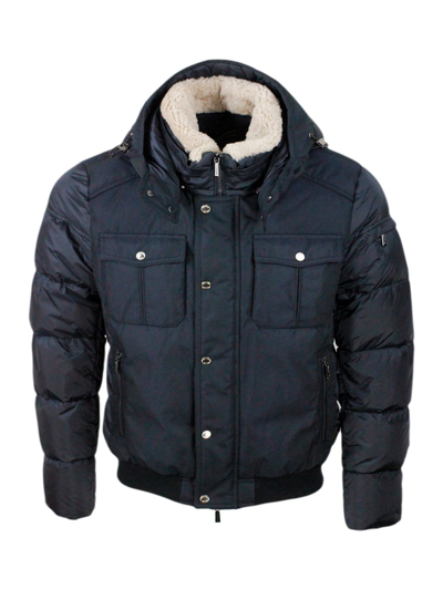 Moorer Bomber Jacket Padded With Goose Feathers With Removable Hood And Collar In Curly Sheepskin, Front An In Blu