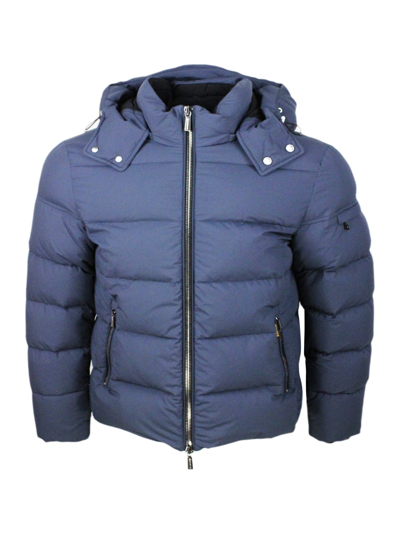 Moorer Goose Down Padded Bomber Jacket With Removable Hood In Blu Navy