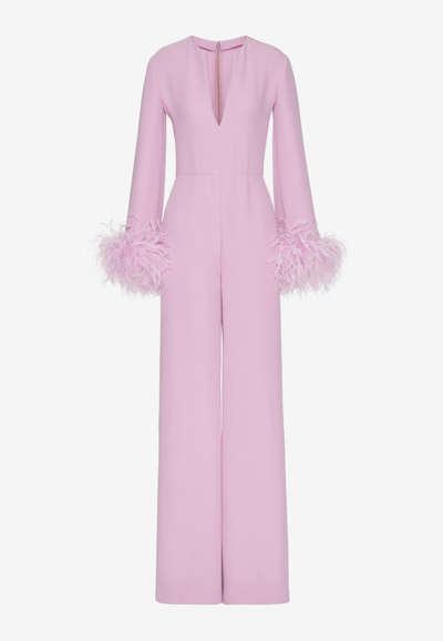 Valentino Feather-trimmed Silk-cady Jumpsuit In Pink
