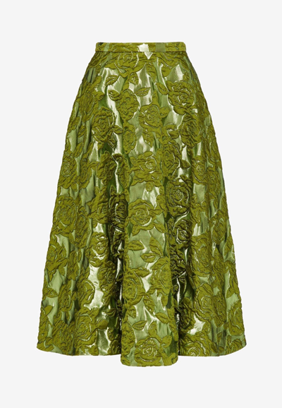 Valentino Rose-brocade Midi Skirt In Green