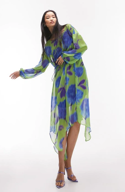 Topshop Long Sleeve Chiffon Midi Dress In Green Multi