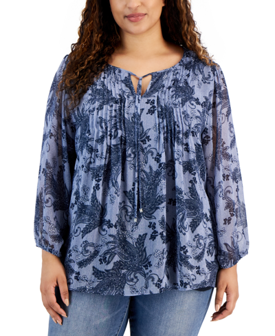 Tommy Hilfiger Plus Size Printed Pintuck Tie-neck Blouse In Denim Multi
