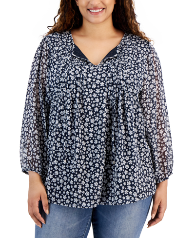 Tommy Hilfiger Plus Size Printed Pintuck Tie-neck Blouse In Sky Captain Multi