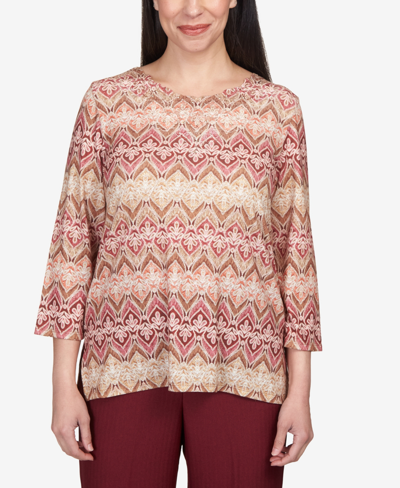 Alfred Dunner Women's Mulberry Street Lace Neck Biadere Top In Multi