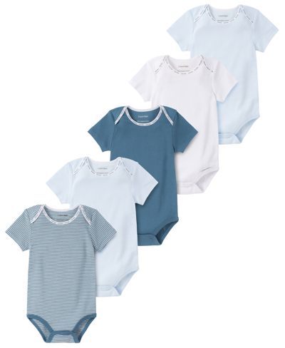 Calvin Klein Baby Boys Or Girls Organic Cotton Short Sleeve Bodysuits, Pack Of 5 In Blue