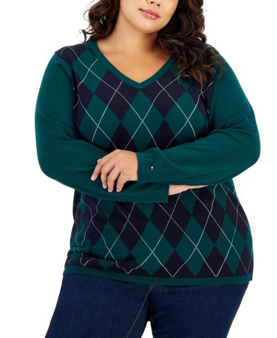 Tommy Hilfiger Plus Size Argyle Ivy Cotton Sweater In Forest Multi