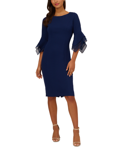 Adrianna Papell Women's Tiered-cuff 3/4-sleeve Sheath Dress In Navy Sateen