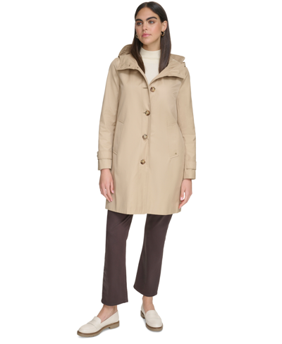 Calvin Klein Women's Single-breasted Hooded Button Up Raincoat In Khaki