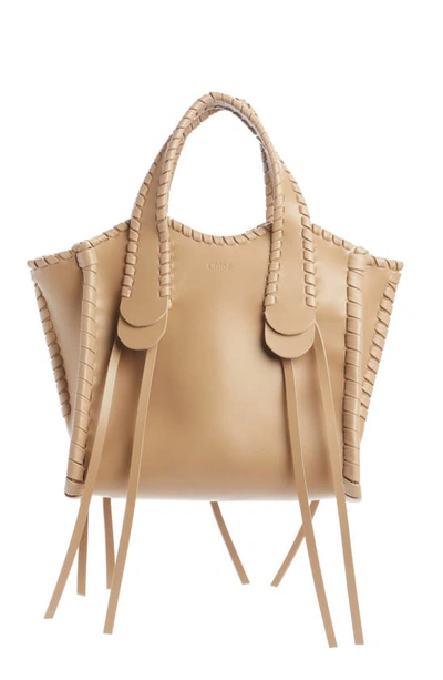 Chloé Mony Whipstitched Leather Tote In Argil Brown