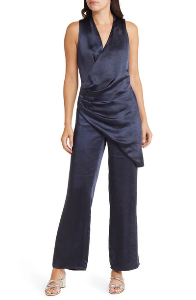 Adelyn Rae Nanci Overlay Satin Faux Wrap Jumpsuit In Blue
