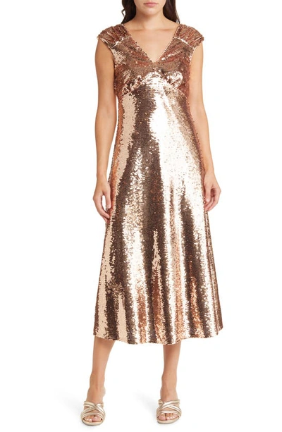 Adelyn Rae Konnie Sequin Midi Dress In Liquid Gold