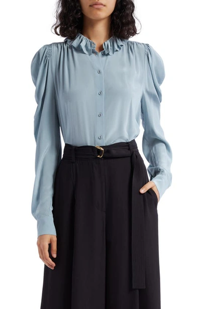 Ulla Johnson Dara Ruffle Neck Silk Button-up Blouse In Agave