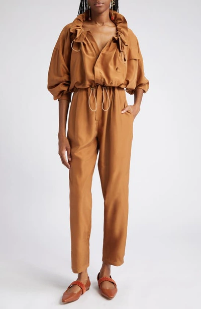 Ulla Johnson Aida Silk Taffeta Utility Jumpsuit In Chestnut