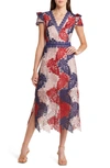 Adelyn Rae Adeline Palm Lace Midi Dress In Navy/ Wine/ Blush