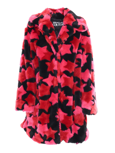Versace Jeans Couture Star Faux-fur Overcoat In Fuchsia