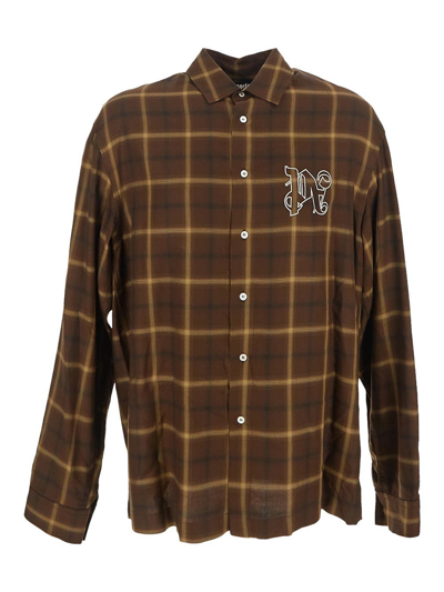 Palm Angels Pa Monogram-print Checked Shirt In Brown