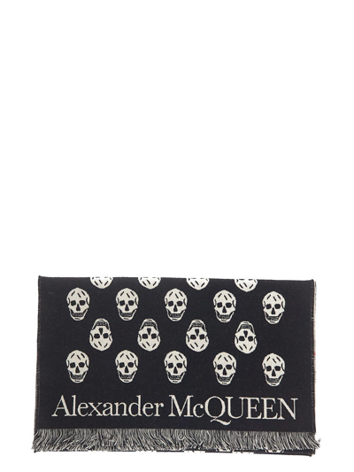 Alexander Mcqueen Navy Reversible Skull Scarf In Black