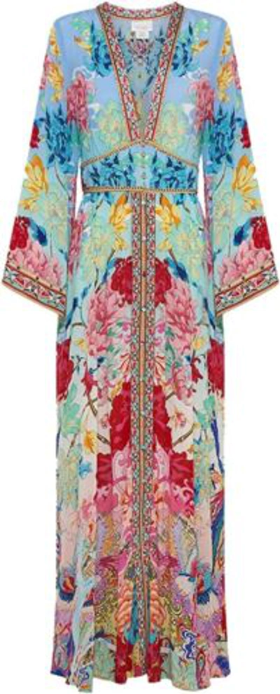Pre-owned Camilla Women Kimono Sleeve Shirring Rhinestone Detail Go Stag Maxi Dress In Multicolor