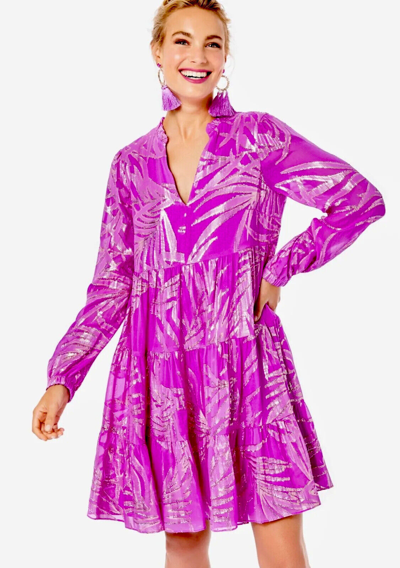 Pre-owned Lilly Pulitzer Sarita Silk Dress Fuchsia Palm Leaf Silk $298 Size 14,16 In Pink