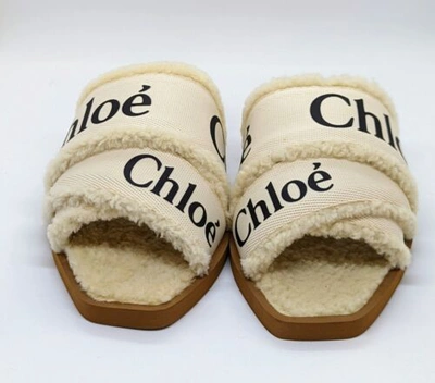 Pre-owned Chloé Chloe Woody Womens Shearling Logo Print Slide Sandals In White