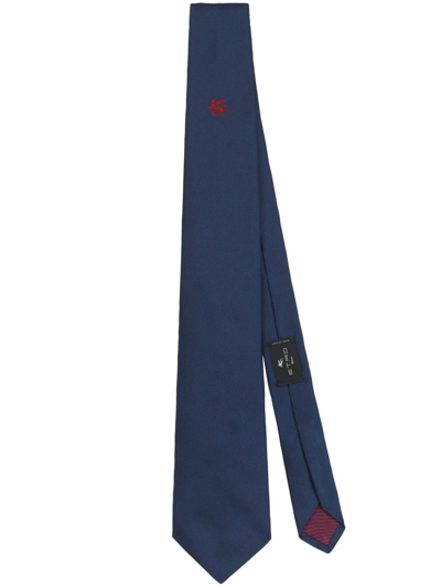 Etro Pegaso Logo-embroidered Silk Tie In Blue