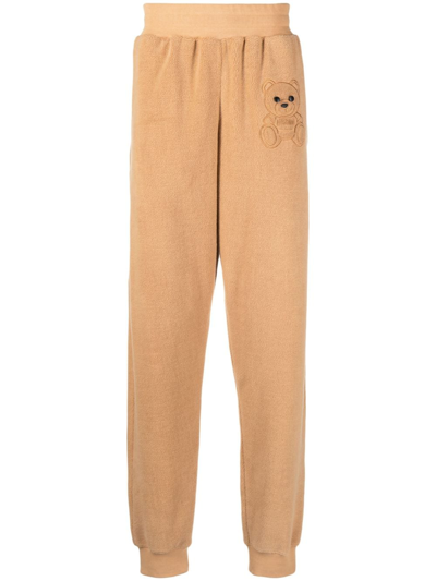 Moschino Embroidered-teddy Fleece Track Pants In Brown