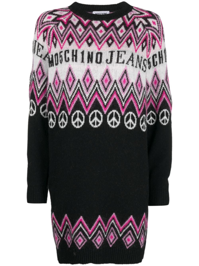 Moschino Patterned Intarsia-knit Dress In Black