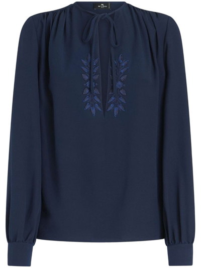 Etro Leaf-embroidery Silk Blouse In Blue