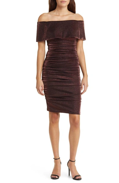 Vince Camuto Metallic Off The Shoulder Cocktail Dress In Coco
