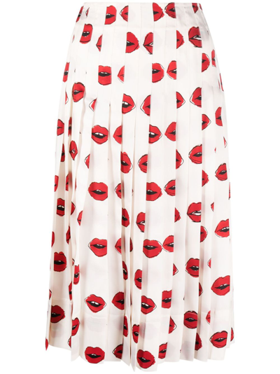 Khaite Tudi Lips-print Pleated Skirt In Beige