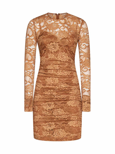 Dolce & Gabbana Lace Semi Sheer Mini Dress In Brown