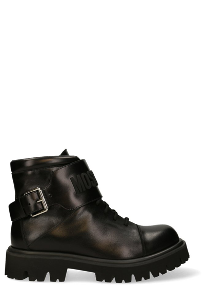 Moschino Logo-embossed Lace-up Leather Boots In Black