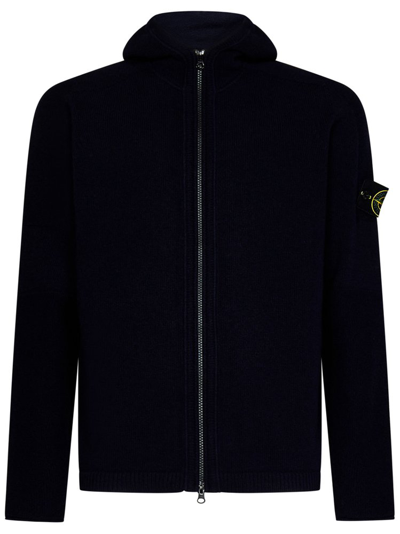 Stone Island Logo Patch Hooded Cardigan In Navy