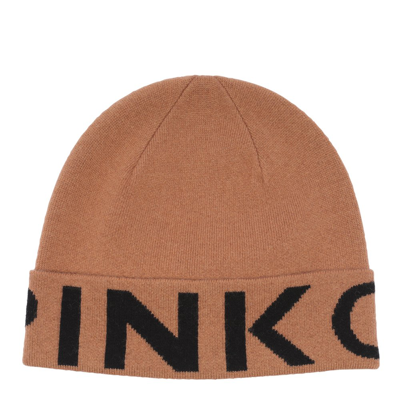 Pinko Logo-print Ribbed Beanie In Brown