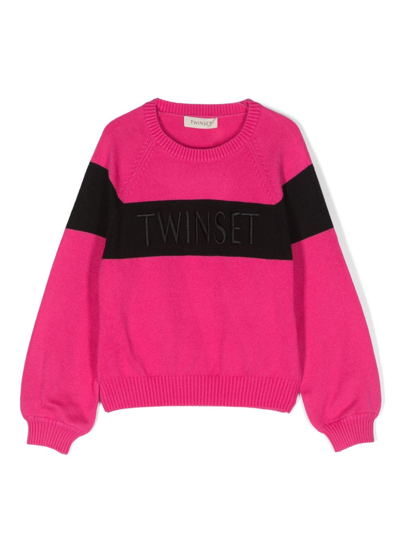 Twinset Kids' Logo-print Stripe-trim Jumper In Rosa-nero