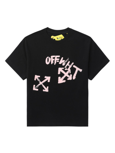Off-white Kids' Painterly Logo-print Cotton T-shirt In Black Pink