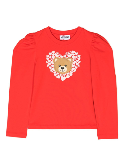 Moschino Kids' Leo Teddy Long-sleeved T-shirt In Red