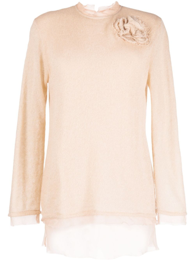 Ermanno Scervino Floral-appliqué Ribbed-knit Layered Jumper In Neutrals