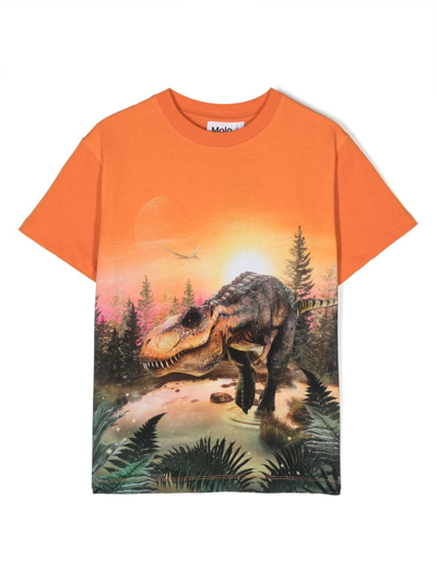 Molo Kids' Riley Dinossaur-print T-shirt In Orange