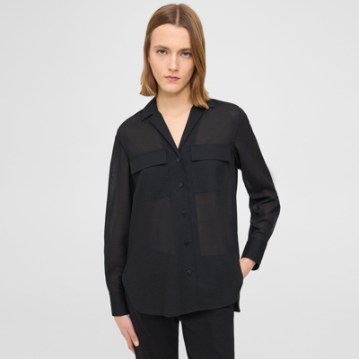 Theory Oversized Patch Pocket Shirt In Wool-poly In Black