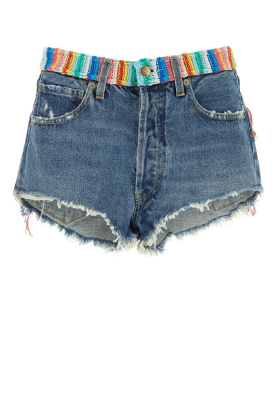 Alanui Crochet Applique Denim Honolulu Wash Blue Shorts